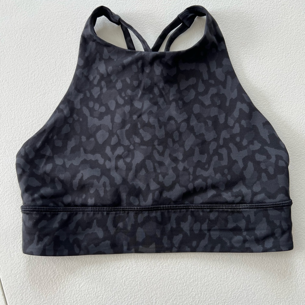 Lululemon size 8 high neck energy bra, black leopard print